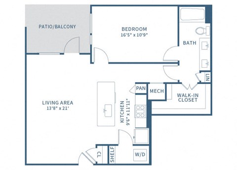 One bedroom one bathroom floor plan image at Jada Legacy Central